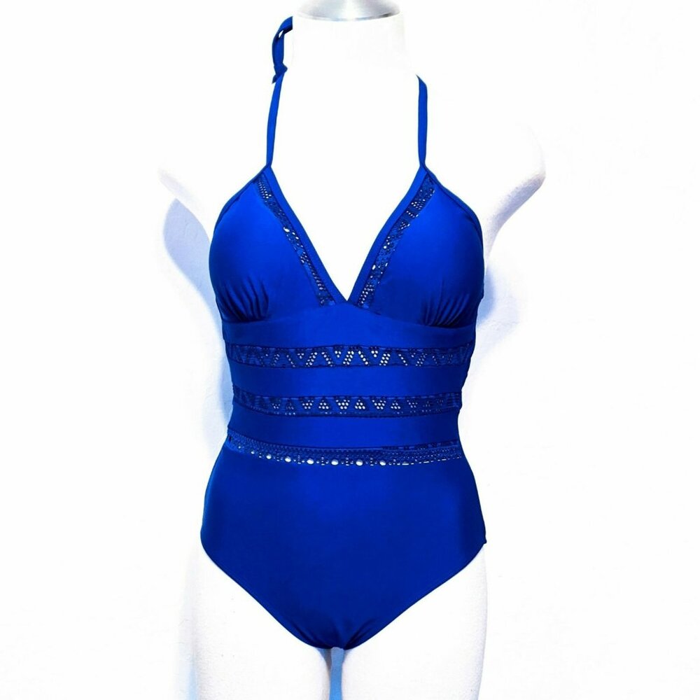 Women’s Small Blue Halter Monokini One Piece Swimsuit Cutout Crochet